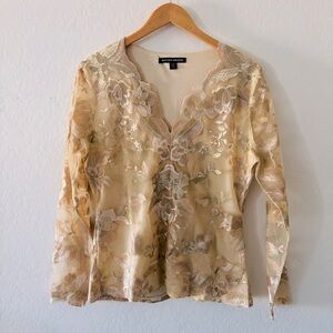 Boston Proper Floral Embroidered Mesh Blouse